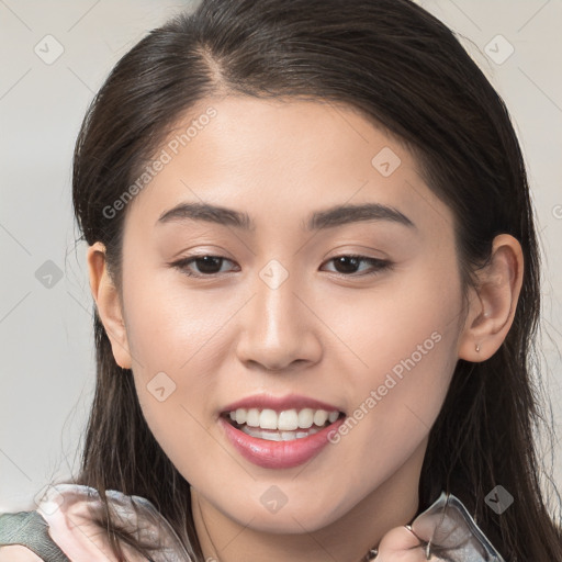 Joyful white young-adult female with long  brown hair and brown eyes