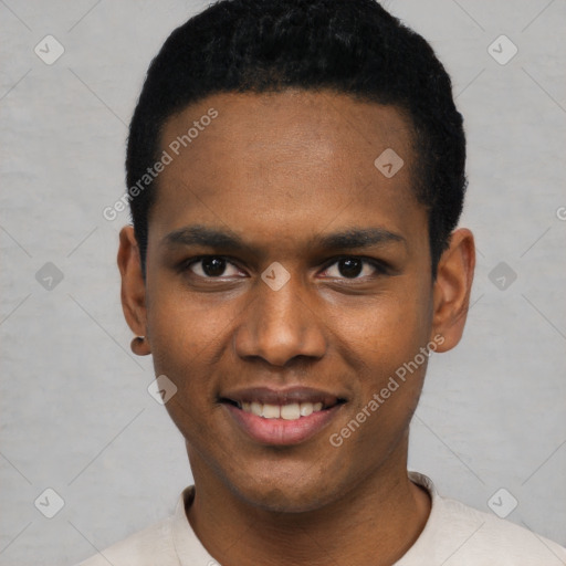 Joyful black young-adult male with short  black hair and brown eyes