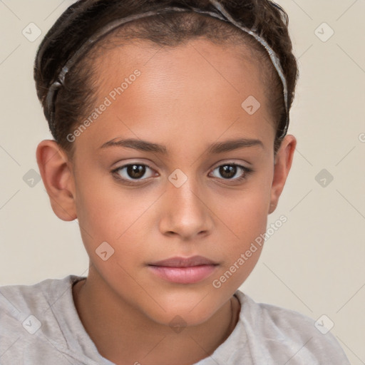 Joyful white child female with short  brown hair and brown eyes