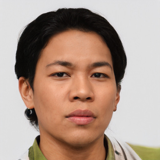 Neutral asian young-adult female with short  black hair and brown eyes