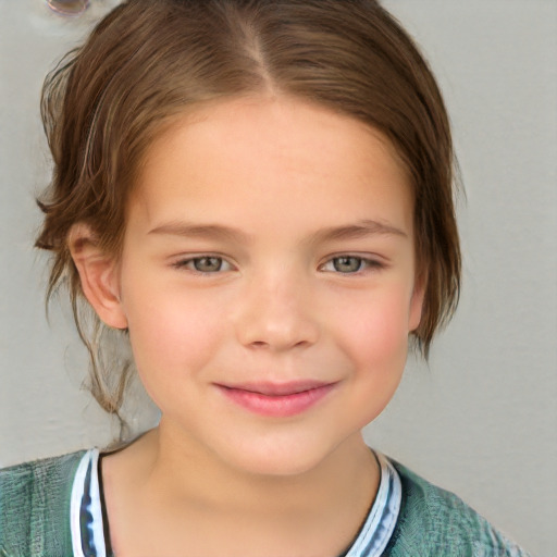 Joyful white child female with medium  brown hair and grey eyes