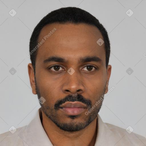 Neutral black young-adult male with short  black hair and brown eyes