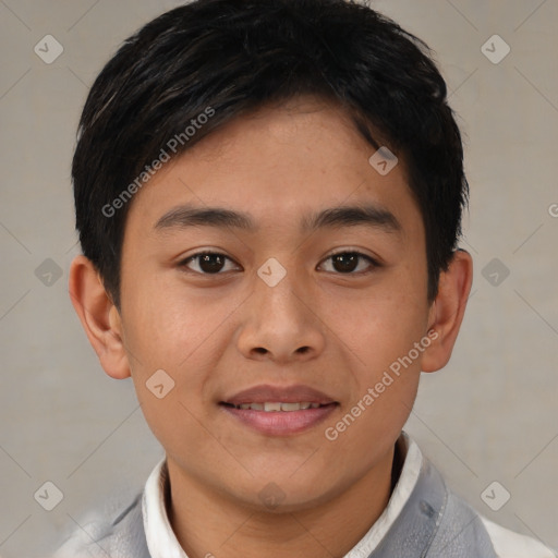 Joyful latino young-adult male with short  brown hair and brown eyes