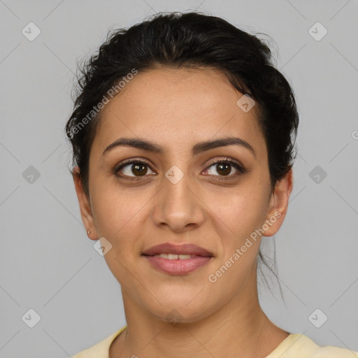 Joyful latino young-adult female with short  brown hair and brown eyes