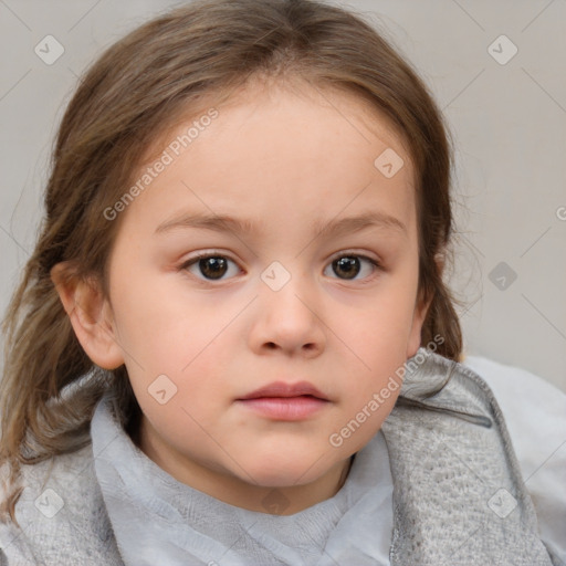 Neutral white child female with medium  brown hair and blue eyes