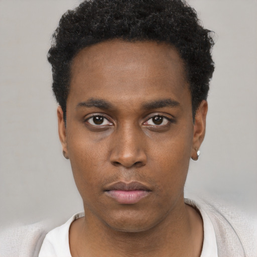 Neutral black young-adult male with short  black hair and brown eyes