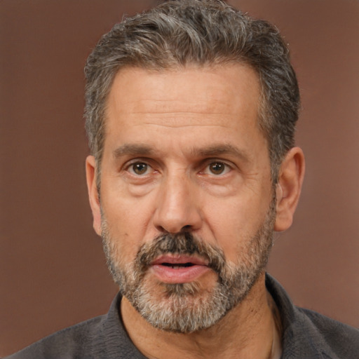 Neutral white middle-aged male with short  black hair and brown eyes