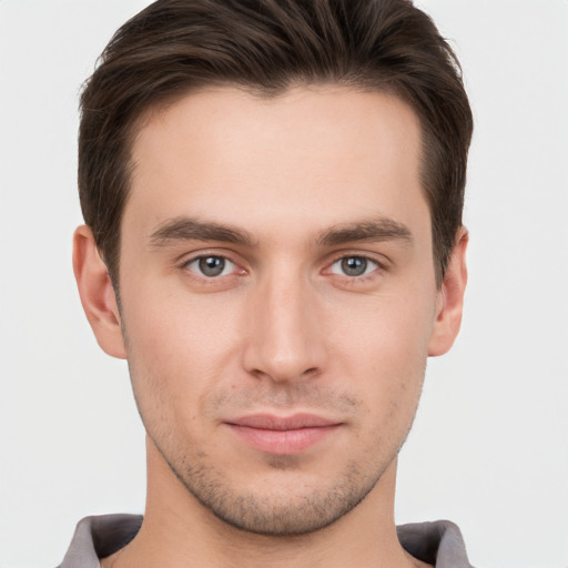 Neutral white young-adult male with short  brown hair and brown eyes