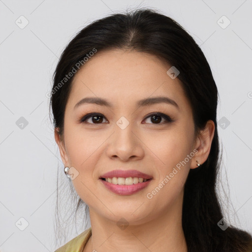 Joyful white young-adult female with long  brown hair and brown eyes