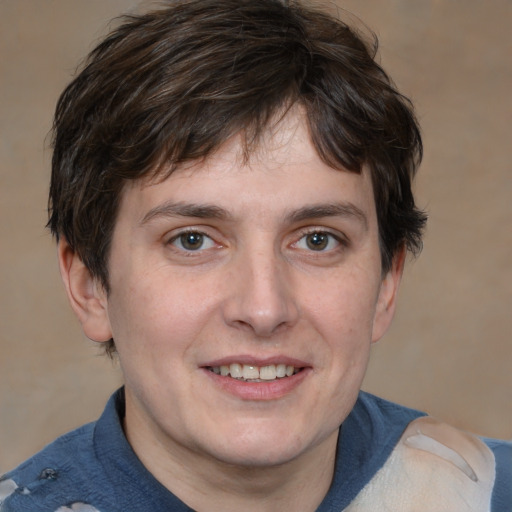 Joyful white adult male with medium  brown hair and brown eyes