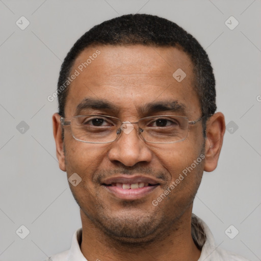 Joyful latino adult male with short  black hair and brown eyes