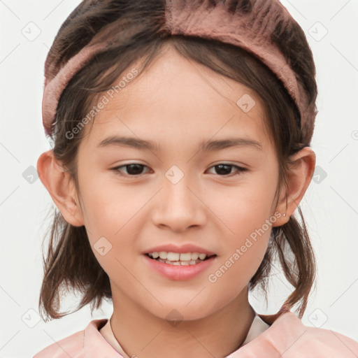 Joyful white child female with medium  brown hair and brown eyes