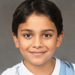 Joyful white child female with short  brown hair and brown eyes