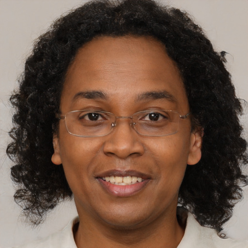 Joyful black adult female with medium  brown hair and brown eyes