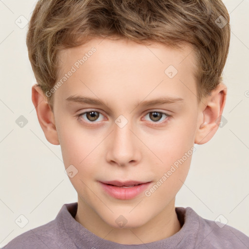 Joyful white child male with short  brown hair and brown eyes