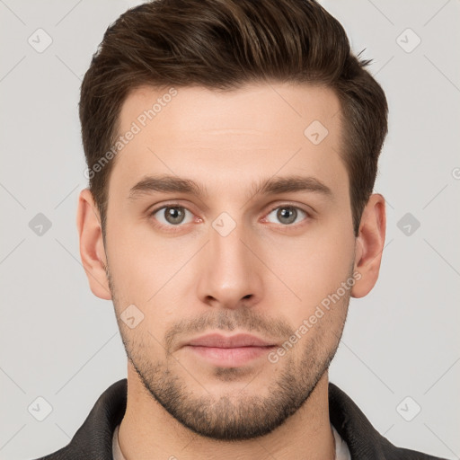 Neutral white young-adult male with short  brown hair and grey eyes