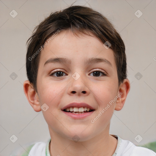 Joyful white child female with short  brown hair and brown eyes