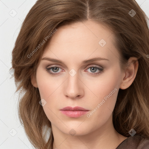 Neutral white young-adult female with long  brown hair and grey eyes