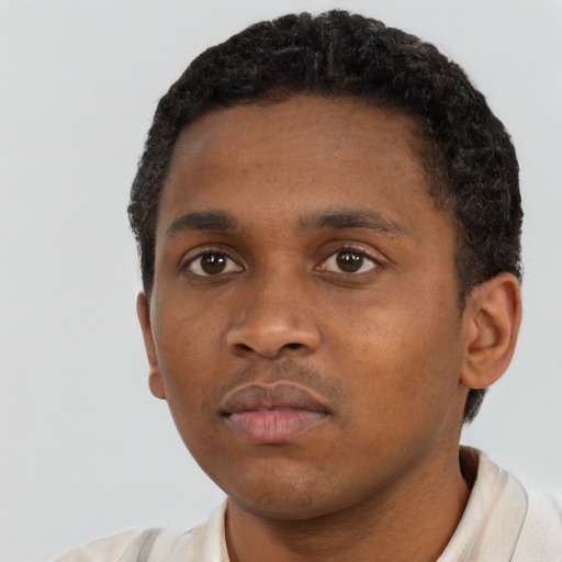 Neutral black young-adult male with short  black hair and brown eyes