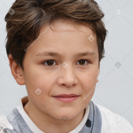 Joyful white child female with short  brown hair and brown eyes