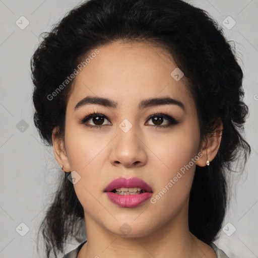 Joyful latino young-adult female with medium  black hair and brown eyes