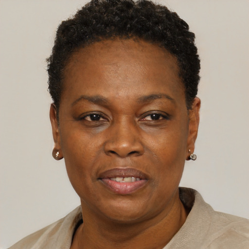 Neutral black adult female with short  black hair and brown eyes