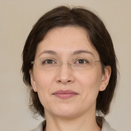 Joyful white adult female with medium  brown hair and grey eyes