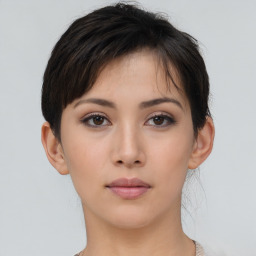 Neutral asian young-adult female with short  brown hair and brown eyes