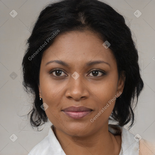 Joyful black young-adult female with medium  brown hair and brown eyes