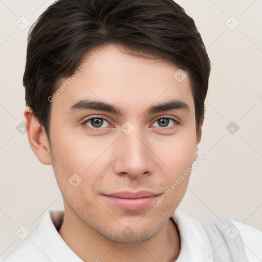 Neutral white young-adult male with short  brown hair and brown eyes