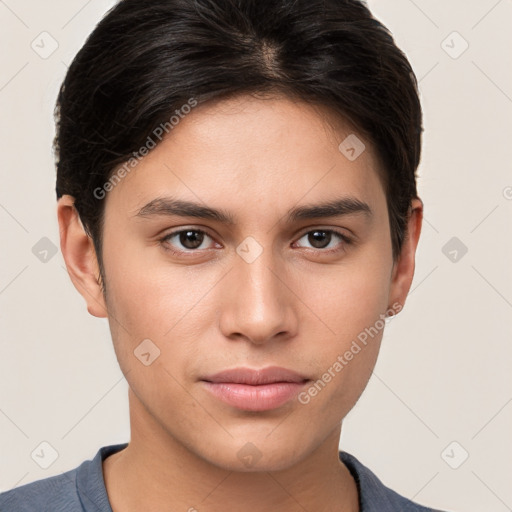 Neutral white young-adult male with short  brown hair and brown eyes