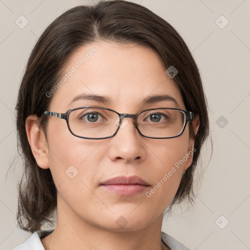 Neutral white young-adult female with medium  brown hair and grey eyes