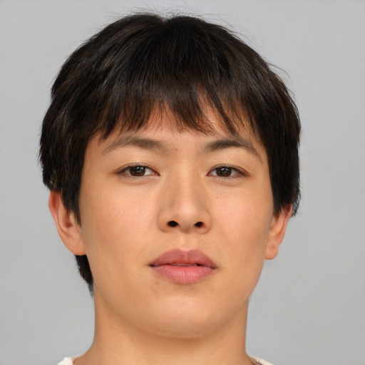 Neutral asian young-adult female with short  brown hair and brown eyes