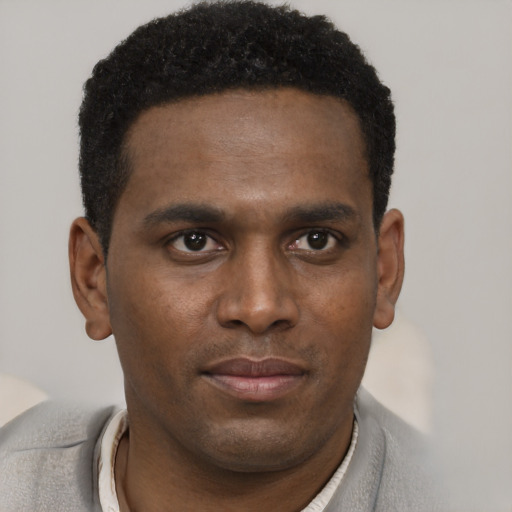 Neutral black young-adult male with short  black hair and brown eyes