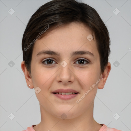 Joyful white young-adult female with short  brown hair and brown eyes