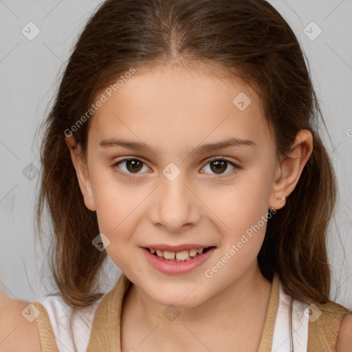 Joyful white child female with medium  brown hair and brown eyes