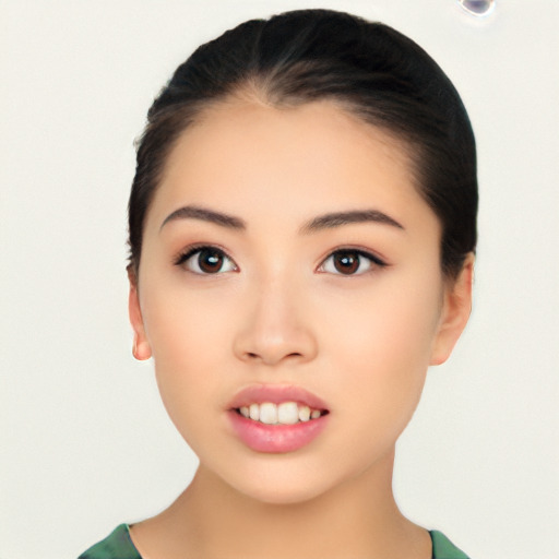 Neutral asian young-adult female with medium  black hair and brown eyes