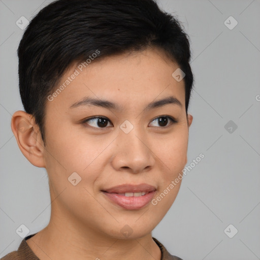 Joyful asian young-adult female with short  brown hair and brown eyes