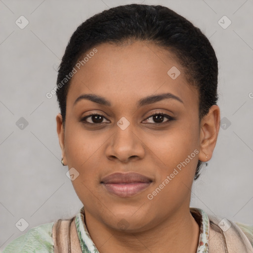 Joyful latino young-adult female with short  brown hair and brown eyes