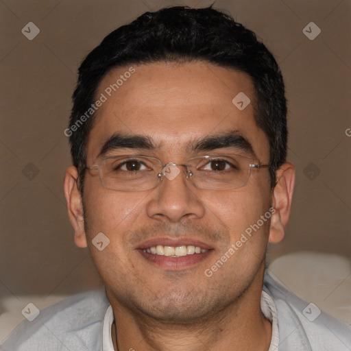 Joyful white young-adult male with short  black hair and brown eyes