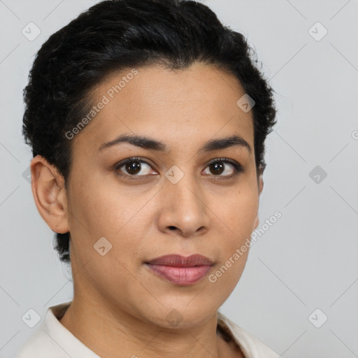 Joyful latino young-adult female with short  brown hair and brown eyes