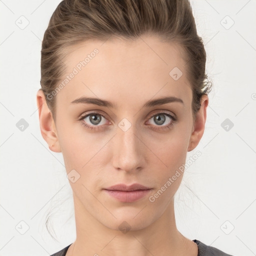 Neutral white young-adult female with medium  brown hair and grey eyes