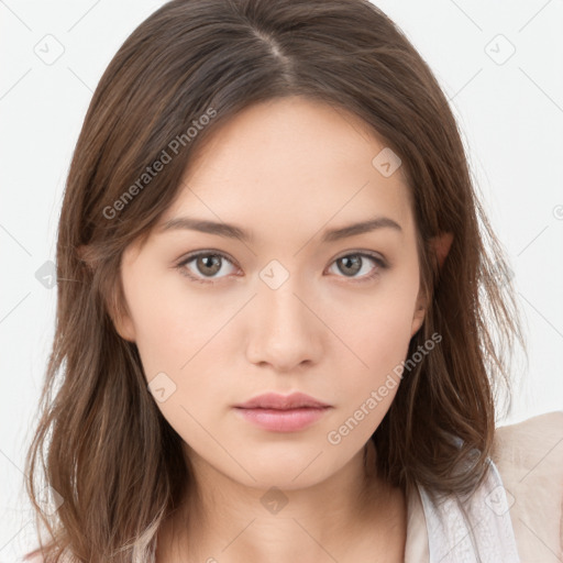 Neutral white young-adult female with medium  brown hair and brown eyes