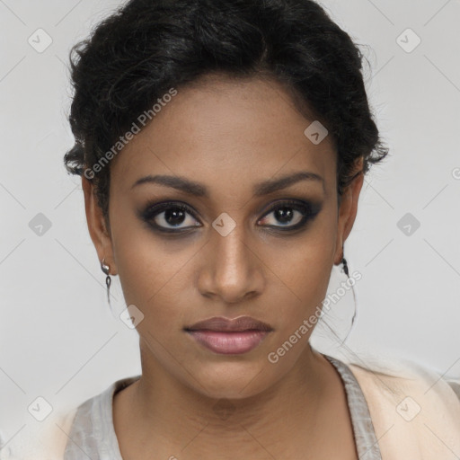 Neutral black young-adult female with short  black hair and brown eyes