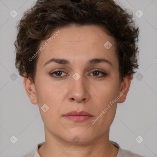 Neutral white young-adult female with short  brown hair and brown eyes