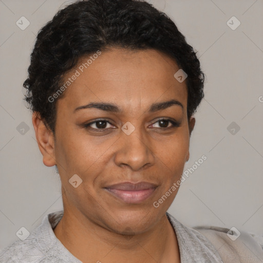 Joyful black adult female with short  brown hair and brown eyes