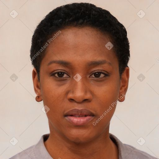 Neutral black young-adult female with short  black hair and brown eyes