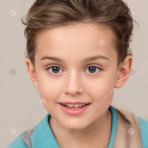 Joyful white child female with short  brown hair and brown eyes