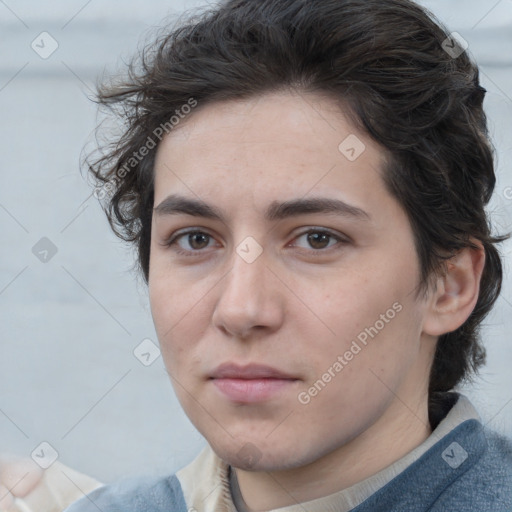 Neutral white young-adult female with medium  brown hair and brown eyes