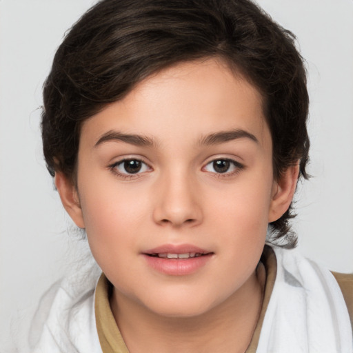 Joyful white child female with medium  brown hair and brown eyes